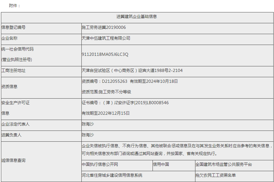 天津中伍建筑工程有限公司進(jìn)冀信息的公示 天津中伍建筑工程有限公司進(jìn)冀信息的公示